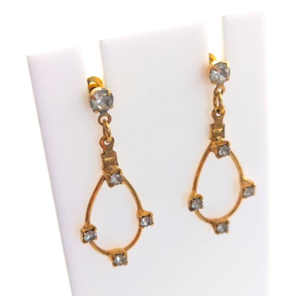 Vintage Prong Set Rhinestone Gold Tone Modernist Dangle Drop Post Earrings